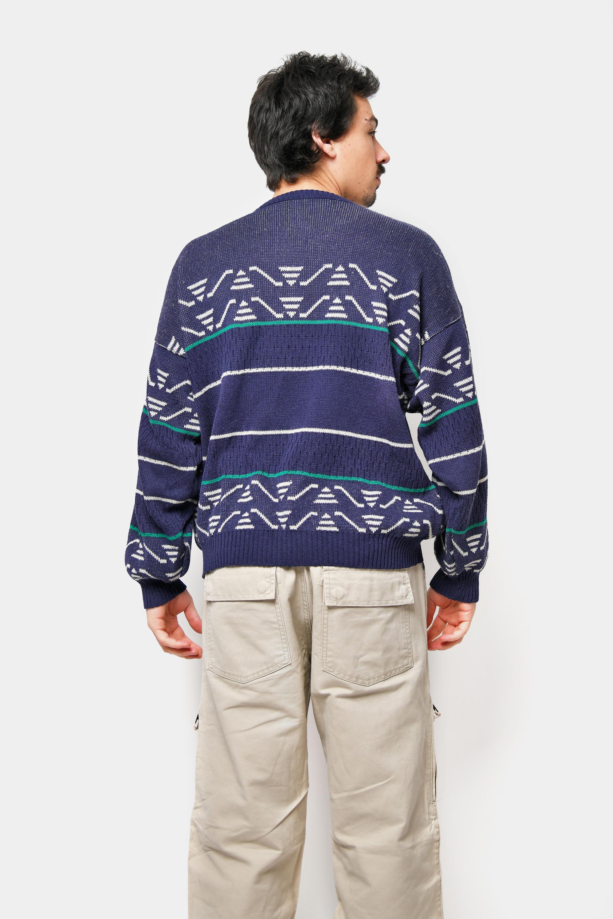 90s Vintage Abstract Sweater Mens Navy Blue Multi Coloured | Retro