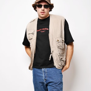 Vintage men cargo vest khaki brown beige | Retro 90s fisherman vest utility tactical gilet | Camping trail multi pocket hiking vest | XXL 2X