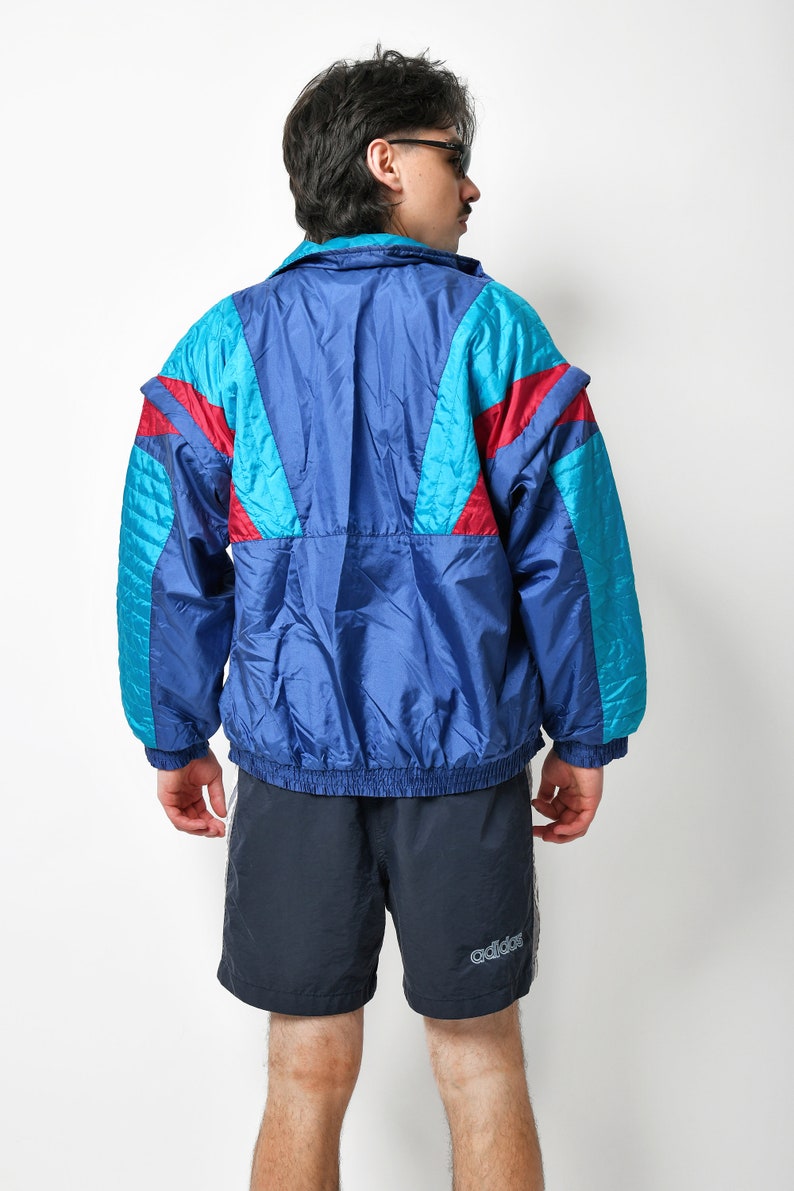 80s retro jacket blue multi colour block Vintage track shell suit top Detachable sleeves nylon sport athletic 90s windbreaker Medium M image 4