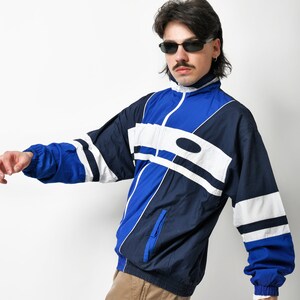 Mens vintage jacket blue white Lightweight windbreaker shell sport jacket 90s Y2K tracksuit top trainer track jacket for men Medium M image 3