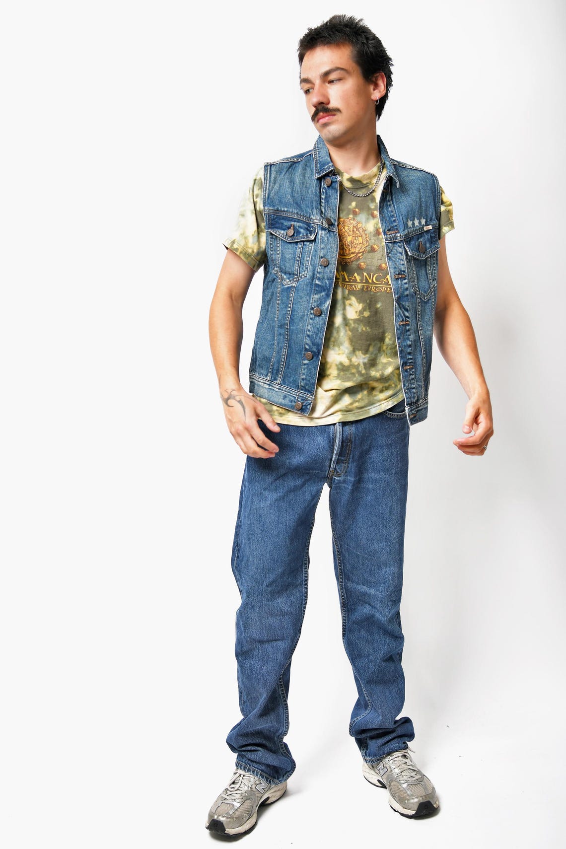 Vintage Denim Jacket Men Sleeveless | USA Flag Back, Medium Wash, Size S, foto 3 di 5