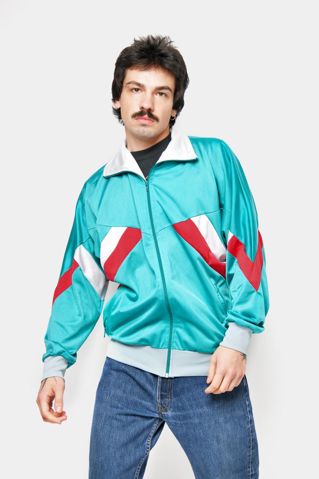 Vintage 80s Track Jacket Blue Multicolour Block for Men | Retro 90s Old ...