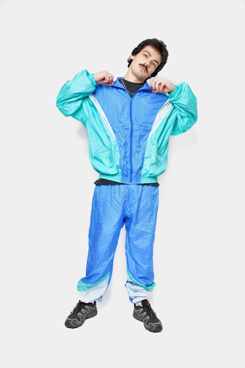 Vintage 90s Tracksuit Set Mens Blue Green Multicolour Block | Old ...