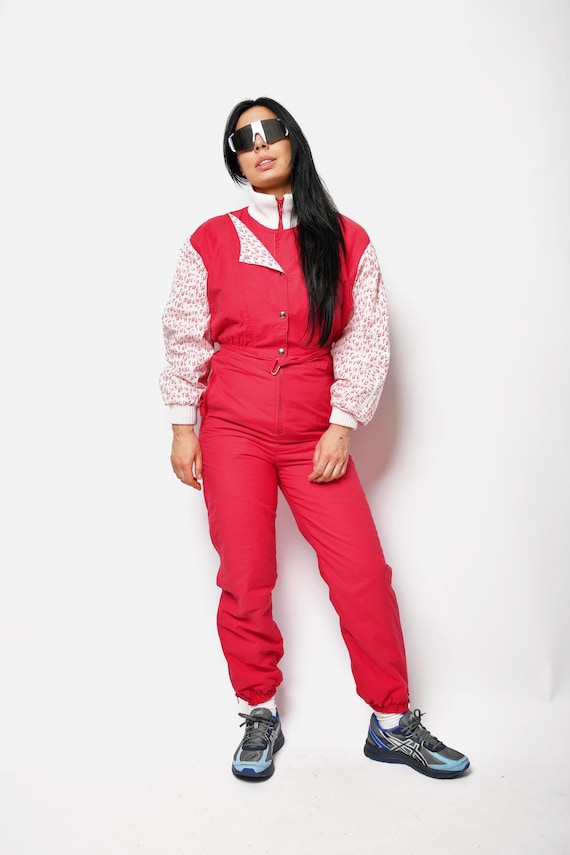 Macacão de esqui vintage dos anos 80 feminino, cor vermelha