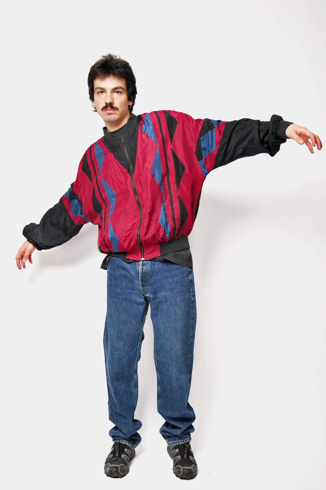 Retro Raver Vintage 80s Noble Silk Bomber Jacket Red Multi Colour Block | Raver ...