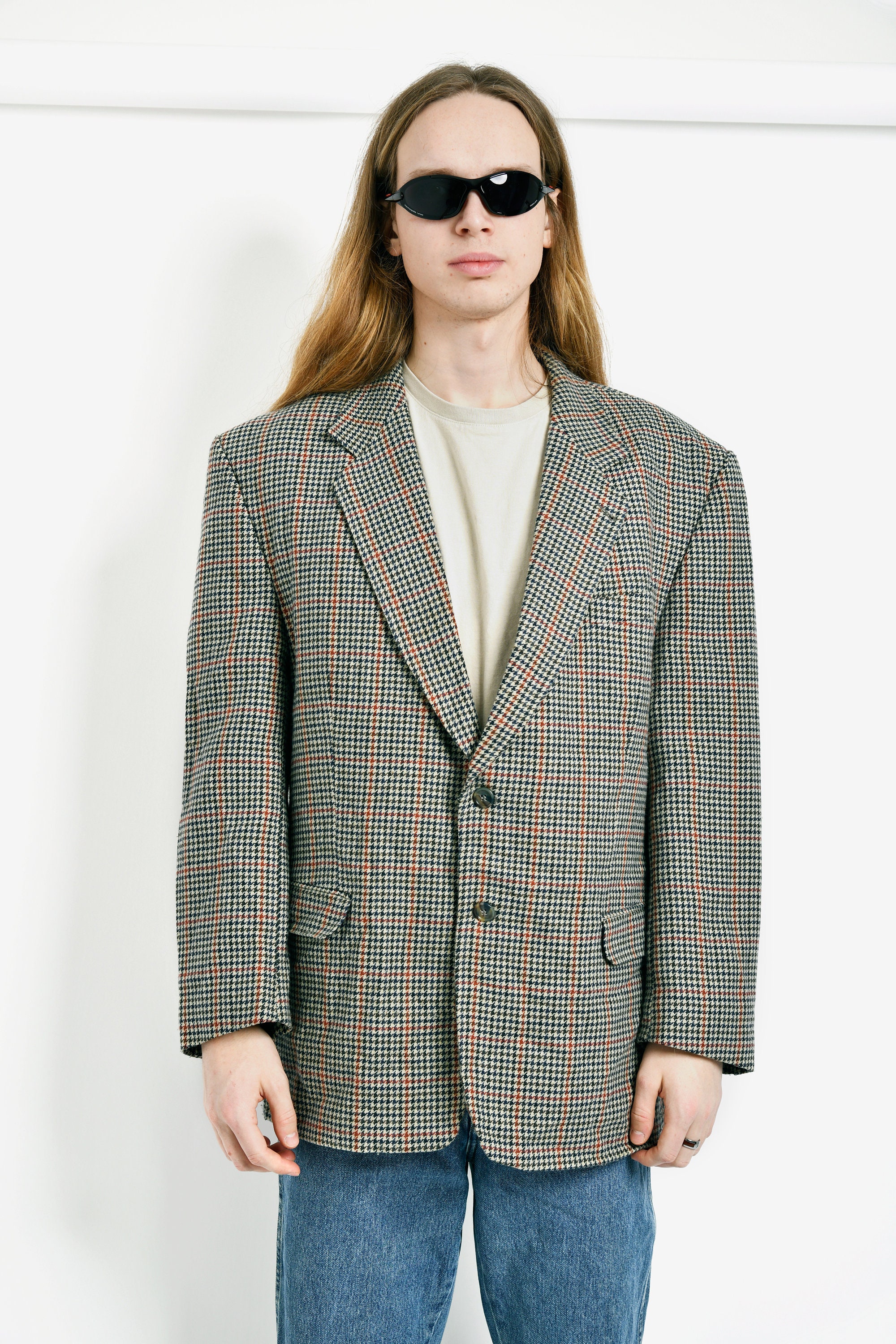 Vintage Oversized Men's Blazer Beige Multi | 80s Preppy
