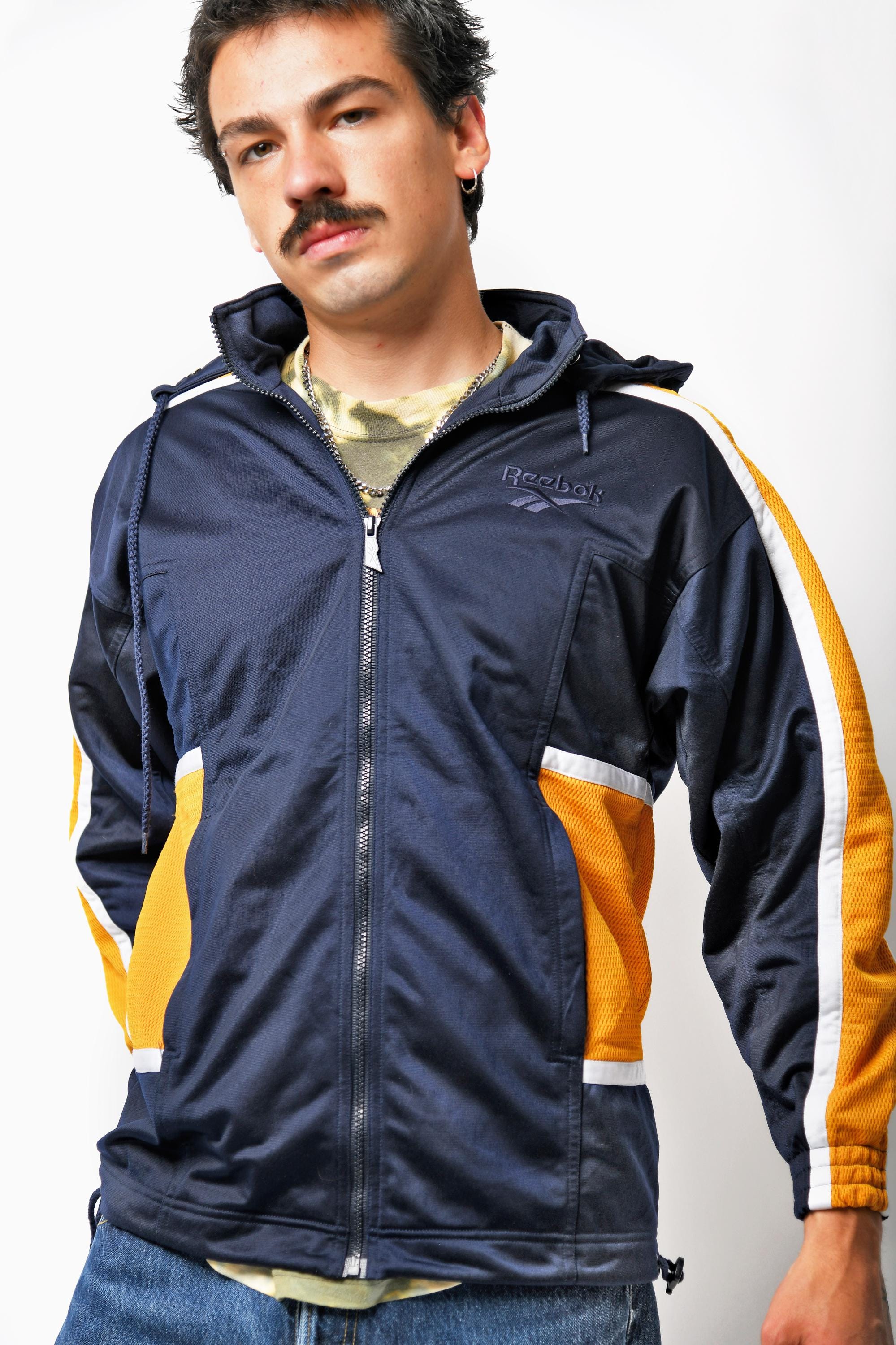 Reebok 90s Navy Blue Yellow Track Jacket | Hooded Retro Zipper