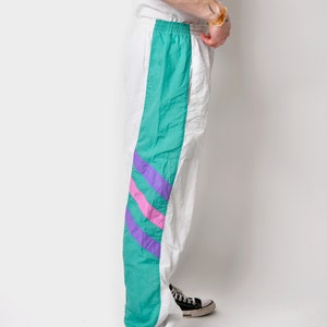 Vintage 90s joggers white multi colour men's 80s sport shell pants Old School wind trouser for men Small/Medium size image 5