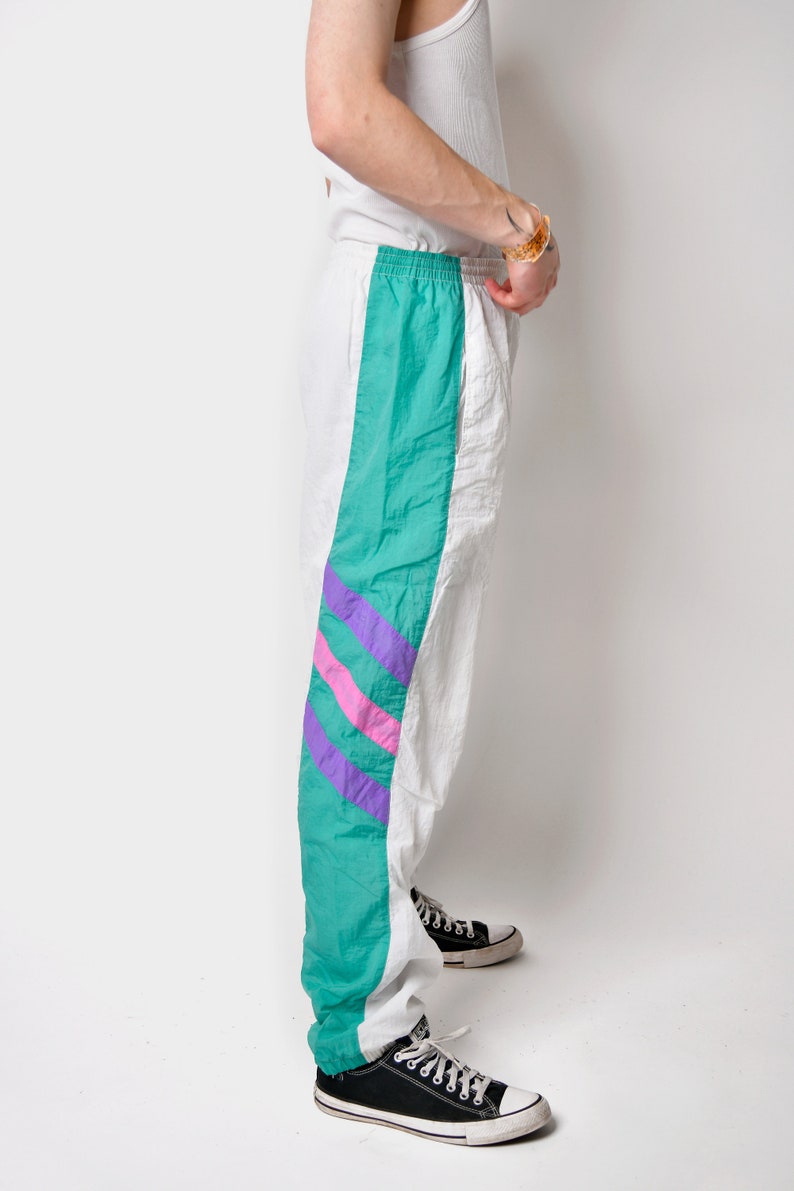 Vintage 90s joggers white multi colour men's 80s sport shell pants Old School wind trouser for men Small/Medium size image 5