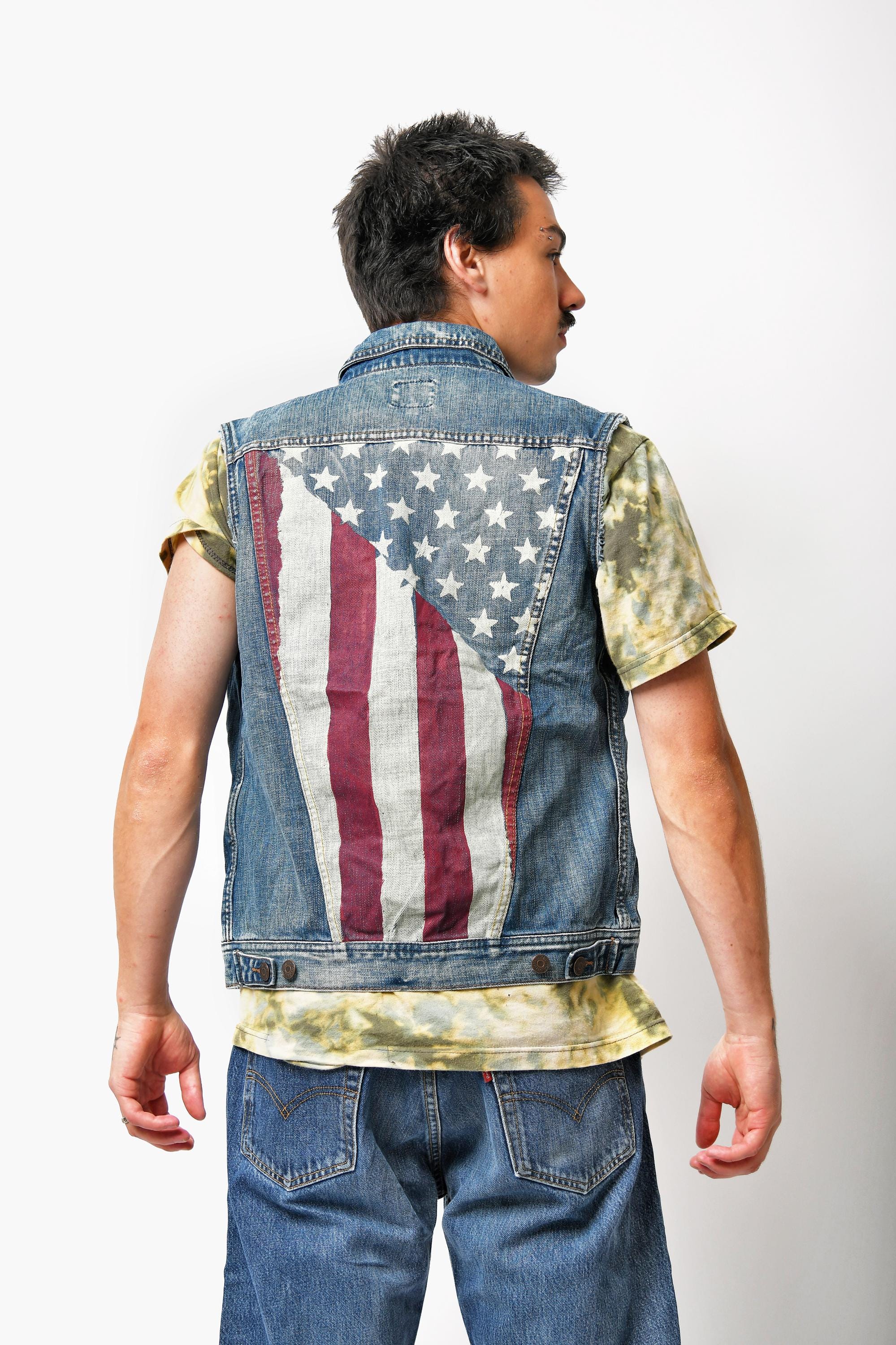 Vintage Denim Vest Men Blue USA Flag Style | Medium Wash 