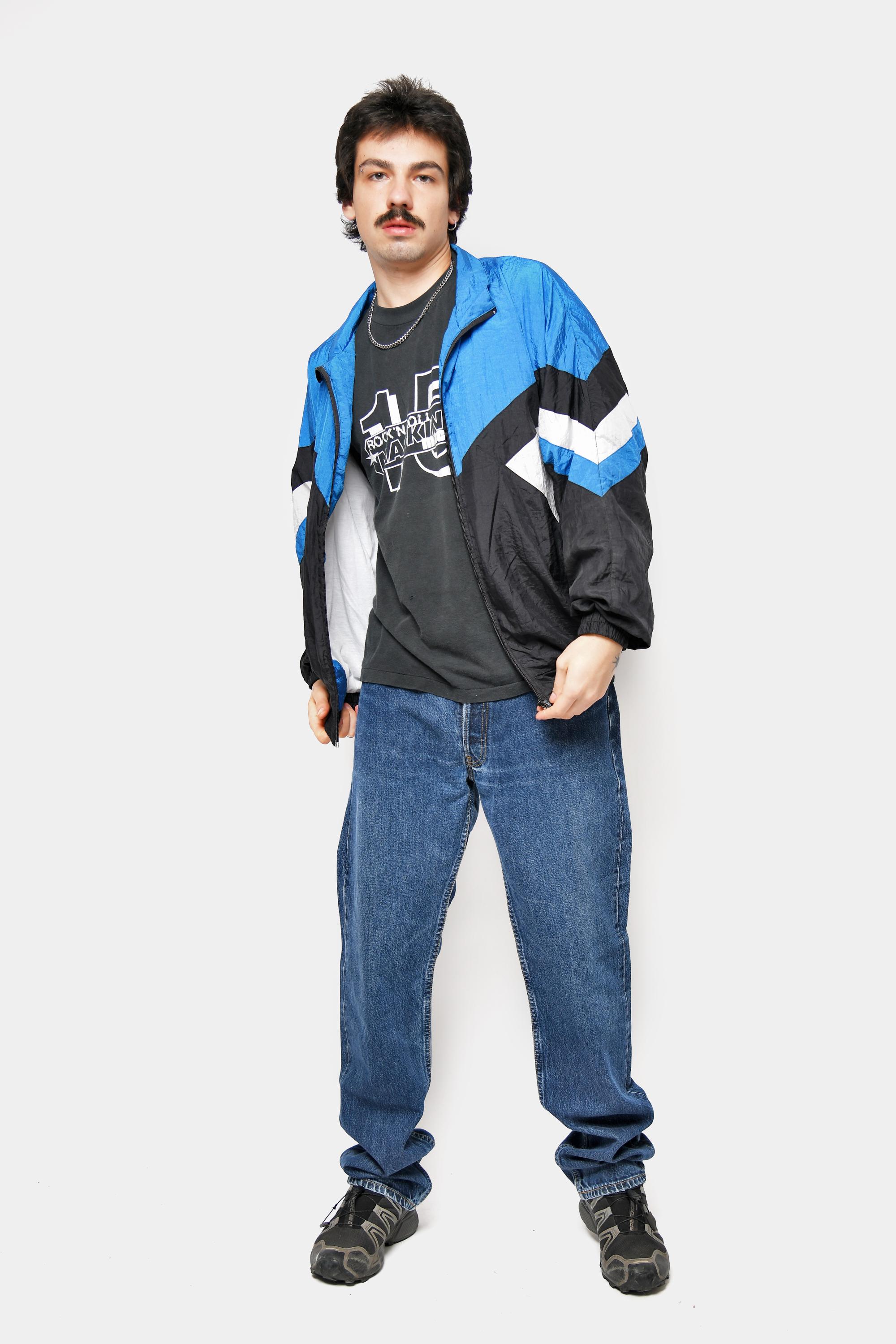 90s Vintage Nylon Jacket Mens Black Blue White Colour Block | Old