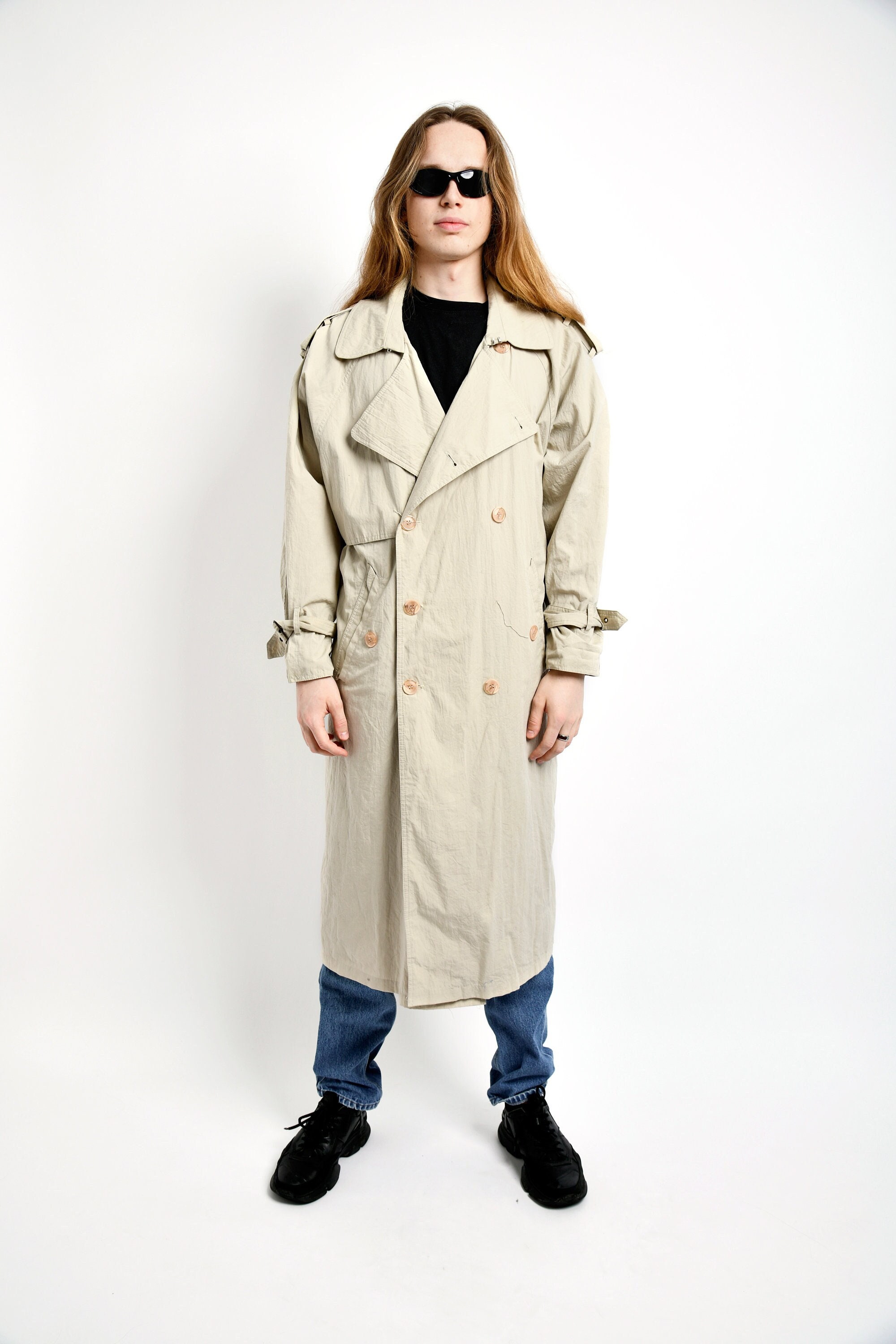 90s Vintage Detective Trench Coat Men's Beige | Spring 90s Vintage Detective Trench Coat Men's Beige | Spring
