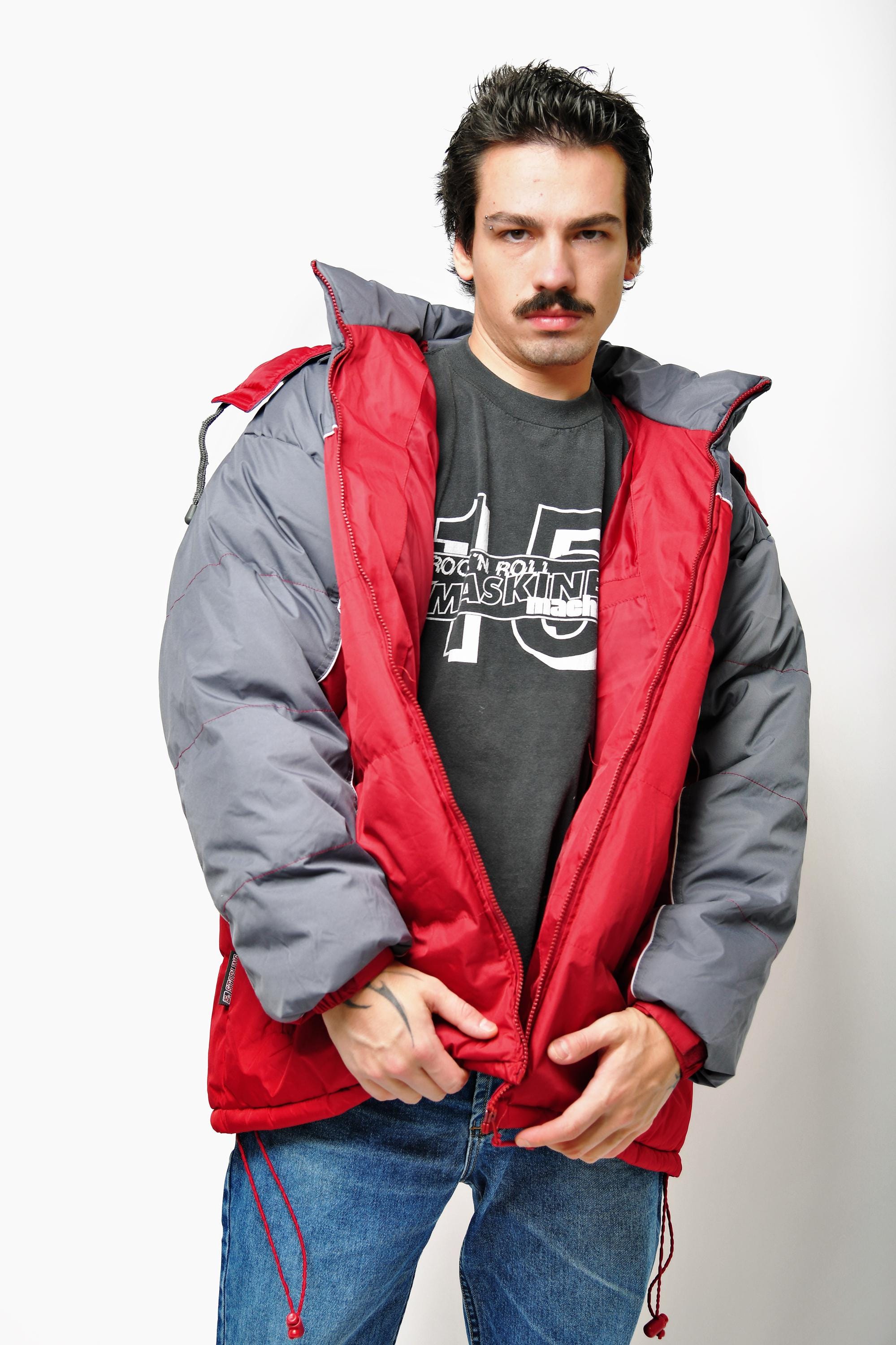 Y2K Winter Hooded Puffer Jacket Red Grey Men's | 2000s Style