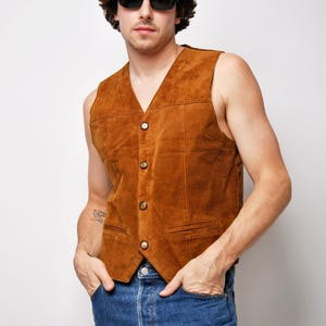 Vintage western suede leather vest for men brown | Retro cowboy sleeveless jacket gilet | Real leather boho hipster waistcoat | Large L size