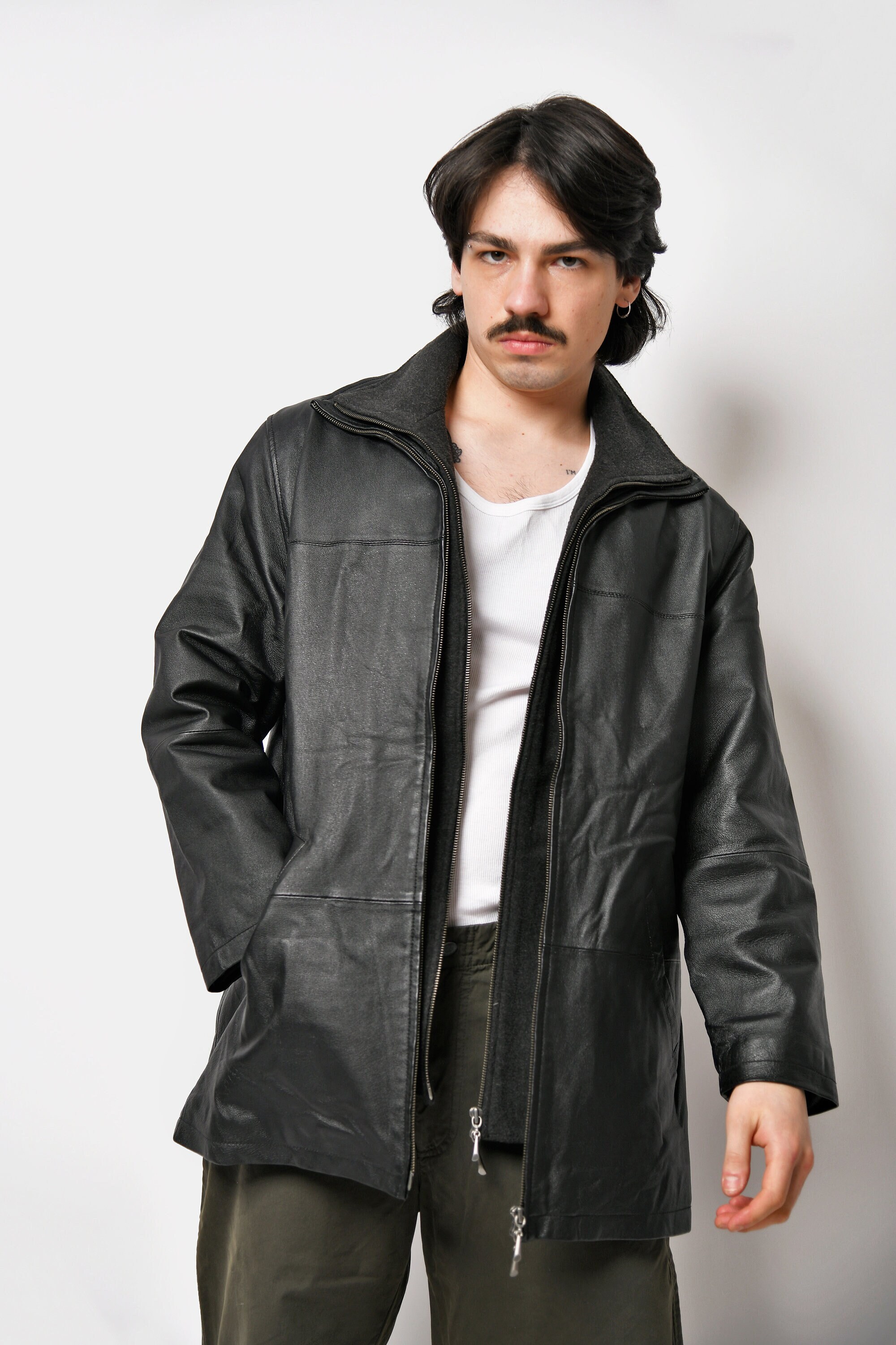 Vintage Leather Jacket for Men Men's Y2K 90s Zip up Jacket Old School Mid Long Coat Black Colour S/M Size - Etsy Vintage Leather Jacket for Men Men's Y2K 90s Zip up Jacket Old School Mid Long Coat Black Colour S/M Size - Etsy