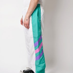 Vintage 90s joggers white multi colour men's 80s sport shell pants Old School wind trouser for men Small/Medium size image 3