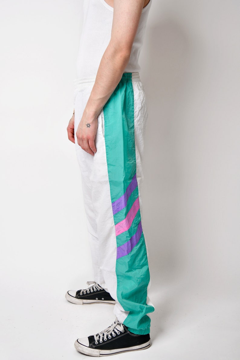 Vintage 90s joggers white multi colour men's 80s sport shell pants Old School wind trouser for men Small/Medium size image 3