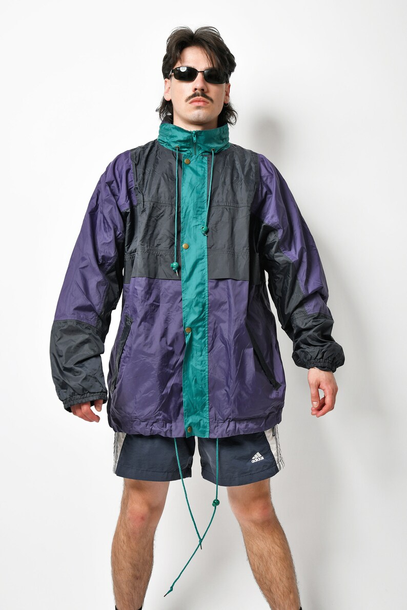 Vintage lightweight windbreaker green purple men Retro 80s hooded light jacket 90s festival rave fall shell wind rain coat Large size image 3