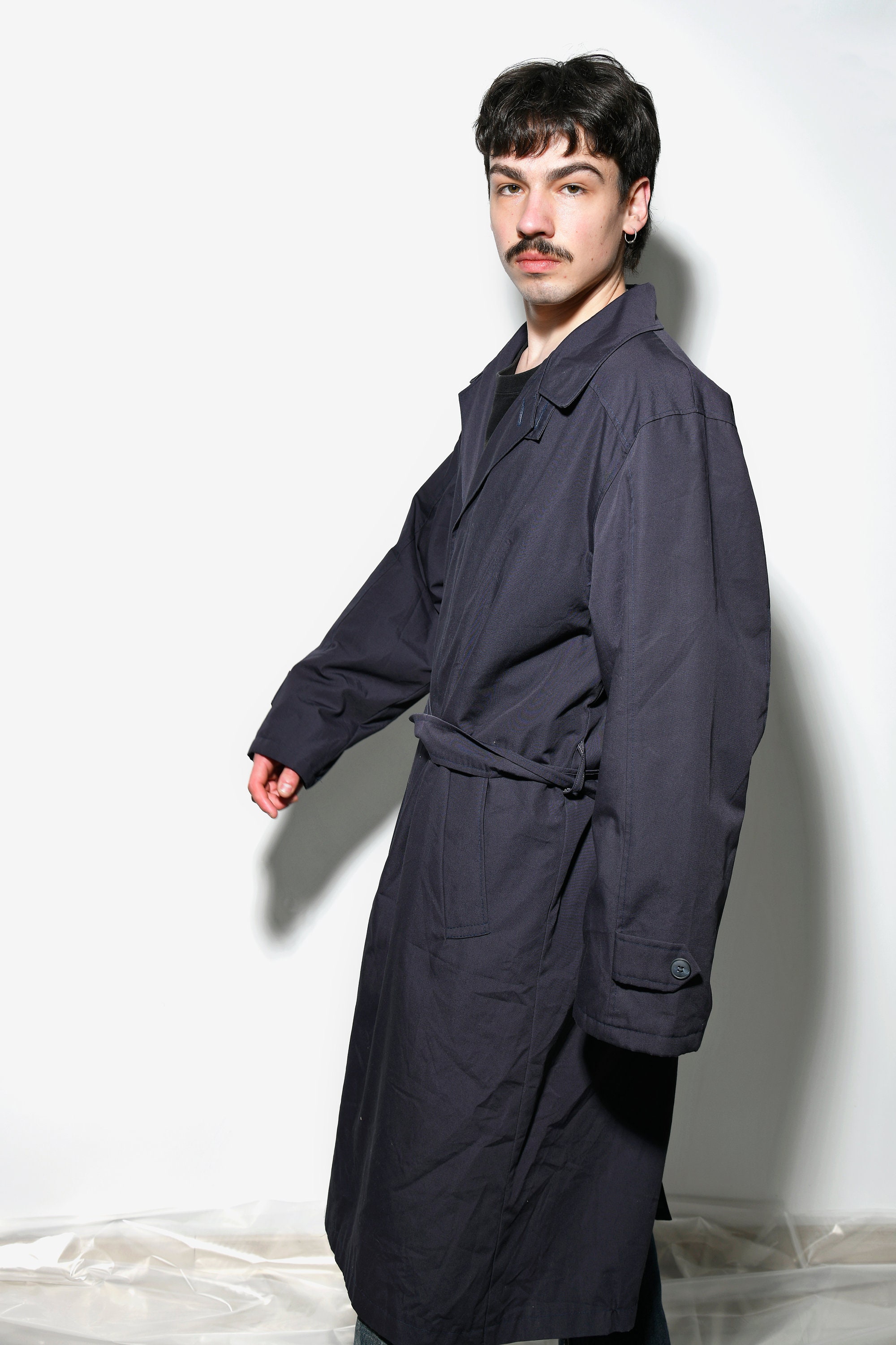 90s vintage super long coat 古着　彼岸 90s Vintage Detective Trench Coat Men's Navy Blue | Spring Classic