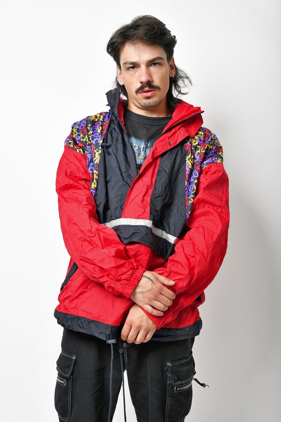 90s Retro Windbreaker Jacket Men Red Multi Coloured | Vintage 80s 