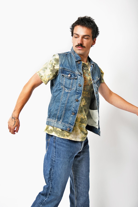 Vintage Denim Jacket Men Sleeveless | USA Flag Back, Medium Wash