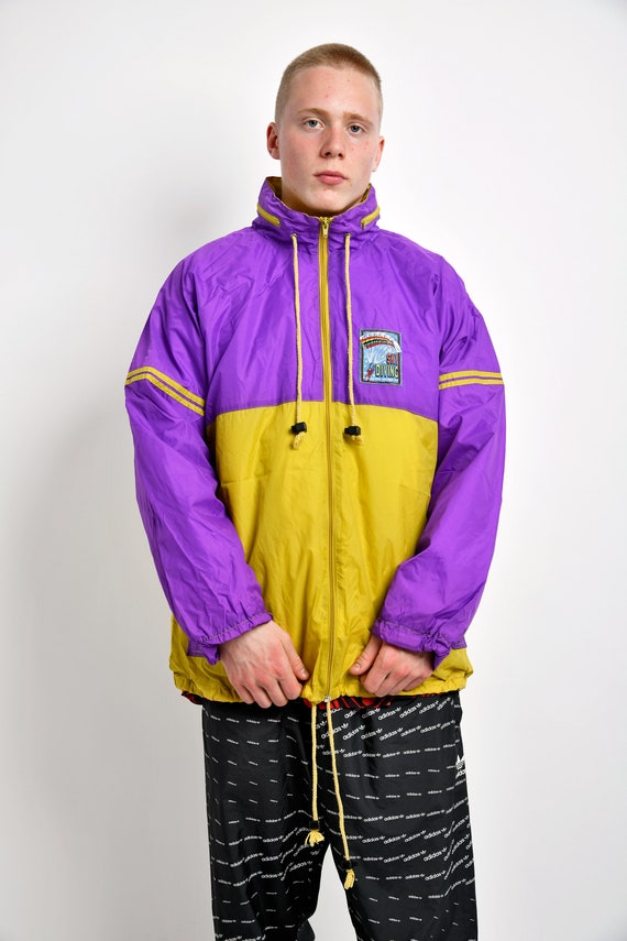 90s Retro Lightweight Windbreaker Purple Yellow | Hooded Oversized Jacket Unisex | Vintage Multi Colour Block Festival 80s Rain Coat Medium