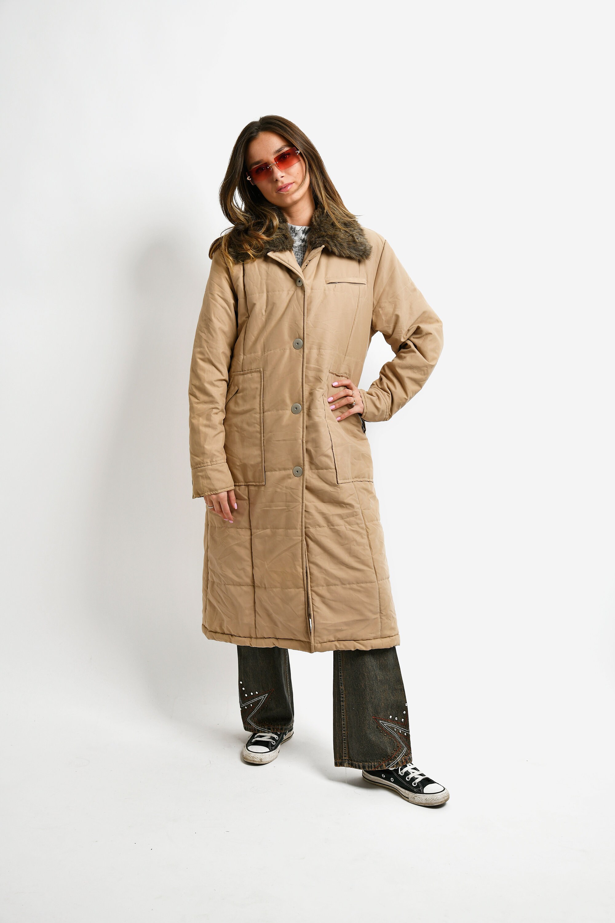 80s Retro Warm Parka Jacket Beige Brown Women's Long Coat