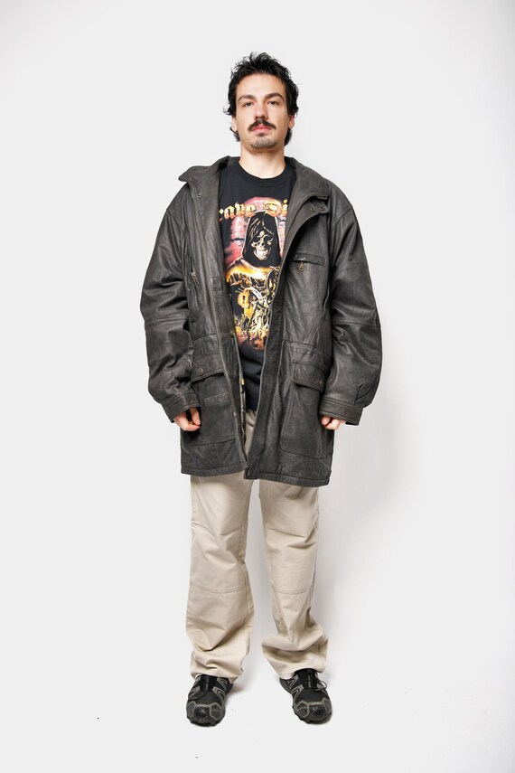 Vintage Real Leather Long Coat Brown | Men's Retro Zip up 90s 80s