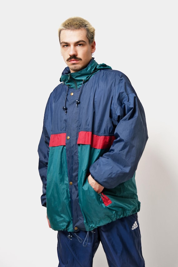 Vintage Hooded Windbreaker Jacket Green Blue Multi Mens Retro