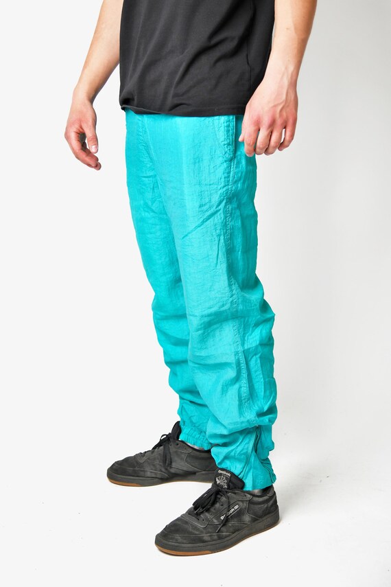 80s Vintage Nylon Windbreaker Pants for Him | 90s Blue Teal Shell