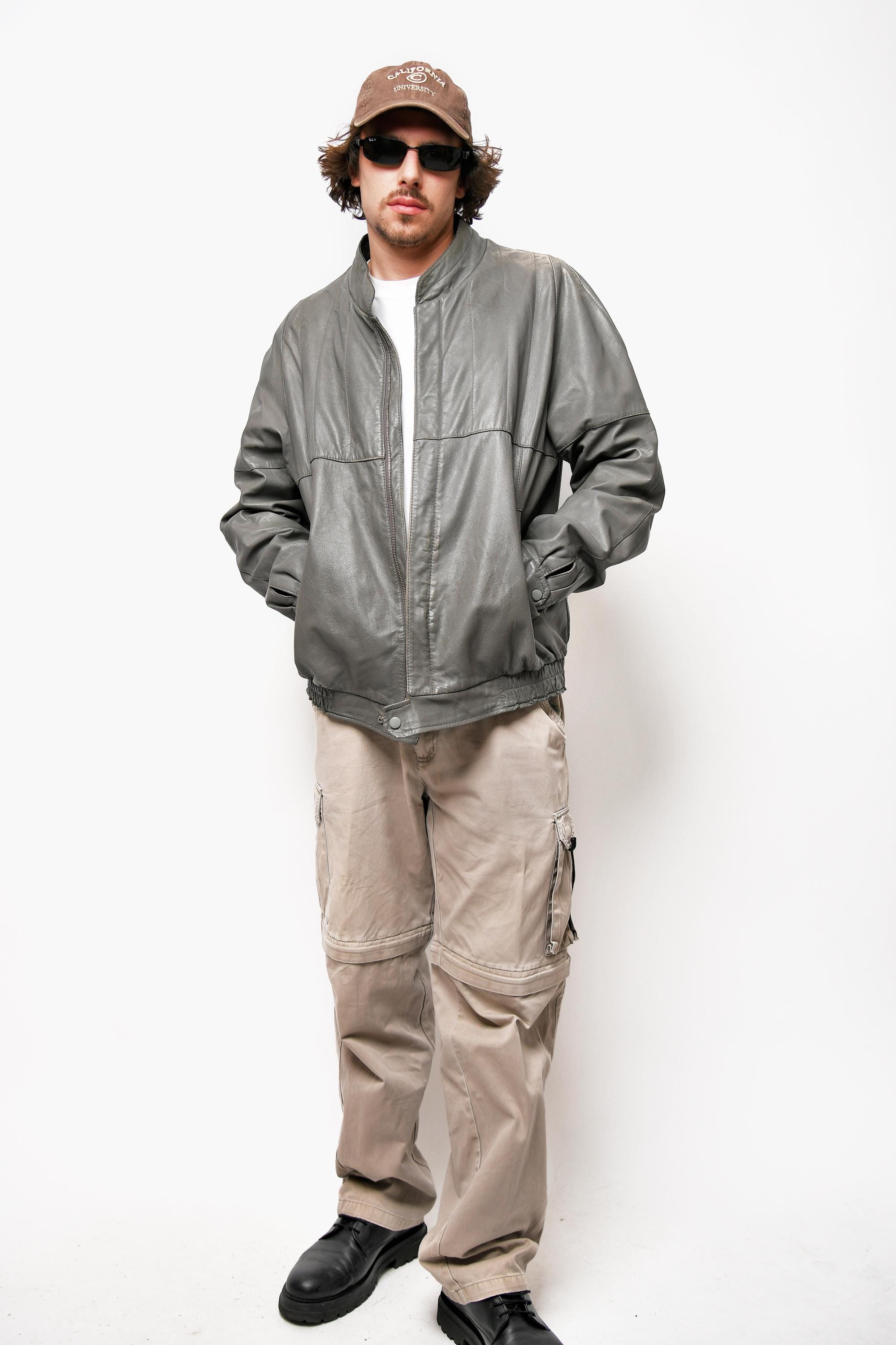 90's Leather Jacket Men's Grey | 80s Retro Aviator Flight Vintage