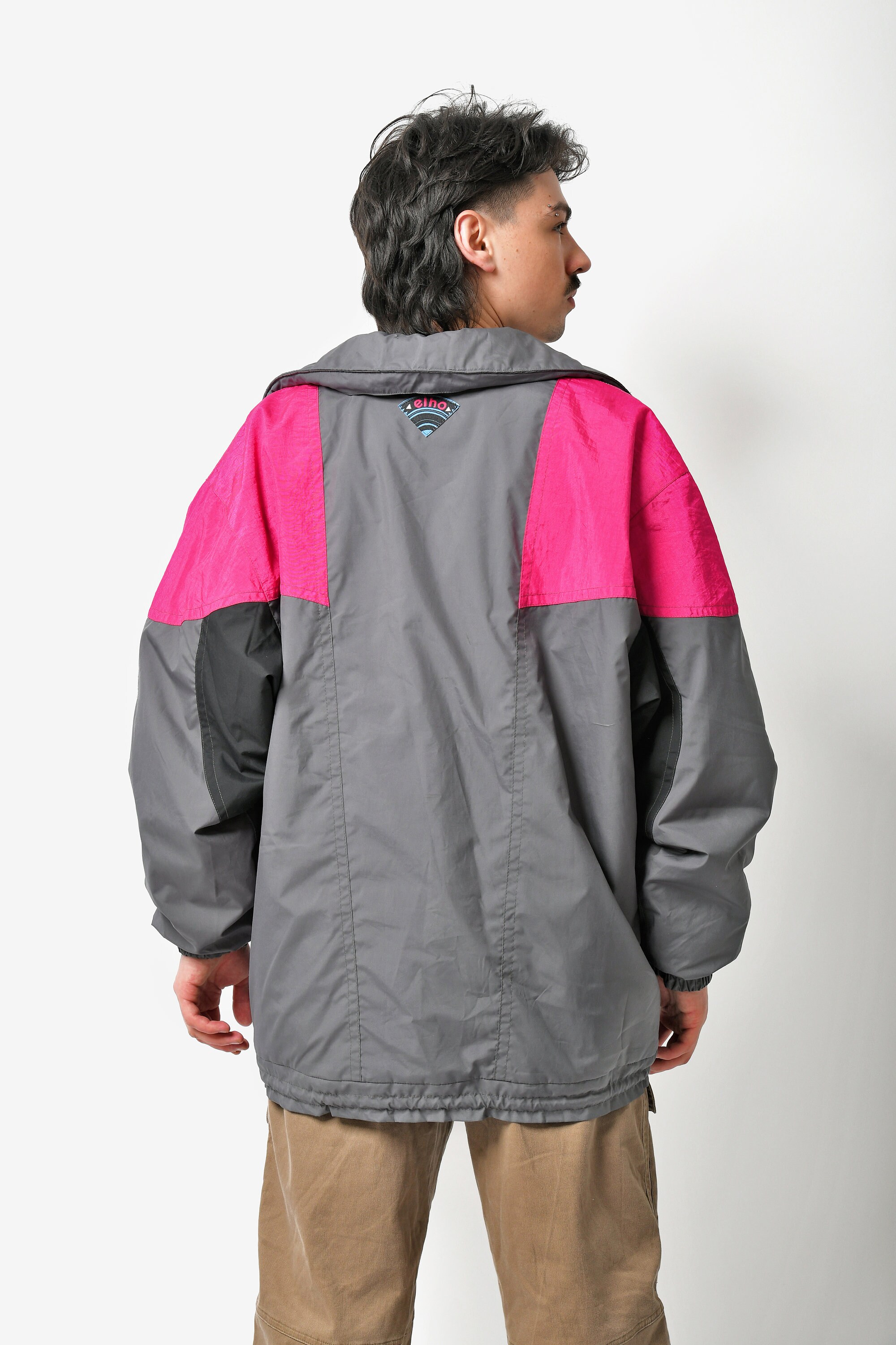 Retro 90s Windbreaker Jacket in Grey Pink Colour Mens