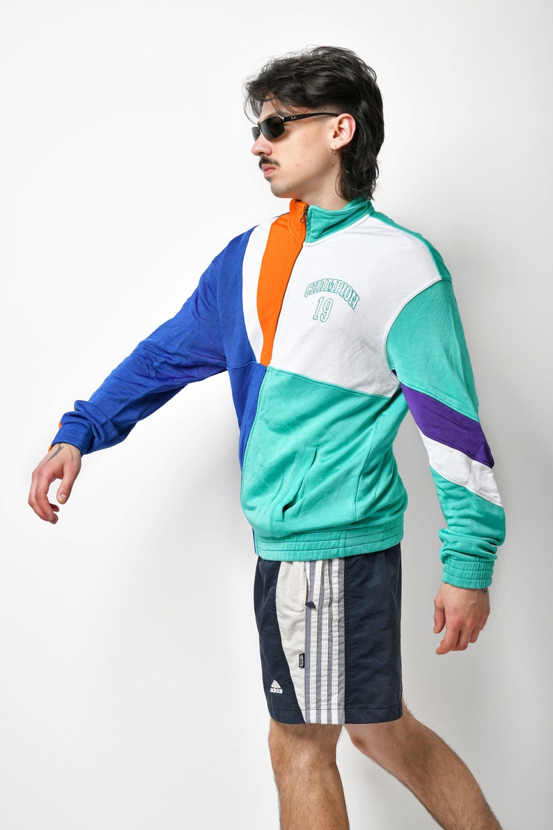 90s style CHAMPION jacket multi colour block men's Full zip up tracksuit top track sport rave bold vibrant jacket Medium M size image 6