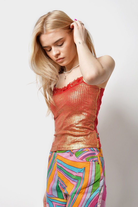 Just Cavalli Y2K tank top with straps in red colour with gold glitter women's | Vintage 2000s era deadstock sleeveless blouse | XXS/XS 38 IT