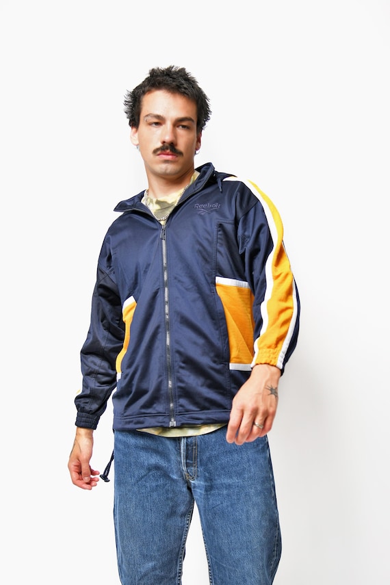 Reebok 90s Navy Blue Yellow Track Jacket | Hooded Retro Zipper