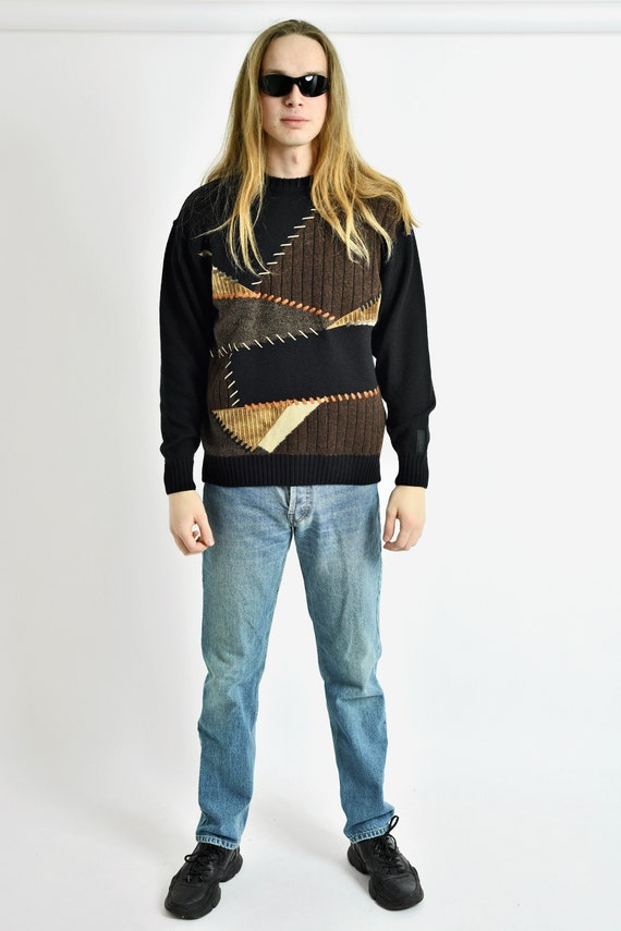 Vintage Merino wool sweater by Carlo Colucci for men in black brown multi colour blocks | Retro knit crew neck jumper pullover | Medium M 50