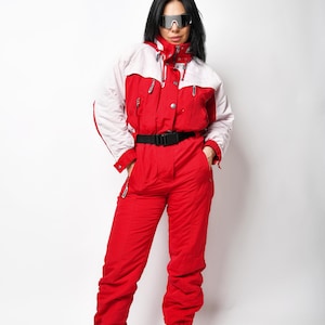 Vintage 80s ski suit women&#39;s red colour | Retro winter skiing overall | One piece 90s wind jumpsuit bodysuit snow suit set | XS size
