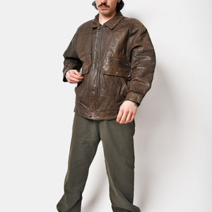 80's leather jacket men's brown 90s retro aviator flight vintage bomber jacket Motorcycle biker style outerwear for men Size Medium M image 3
