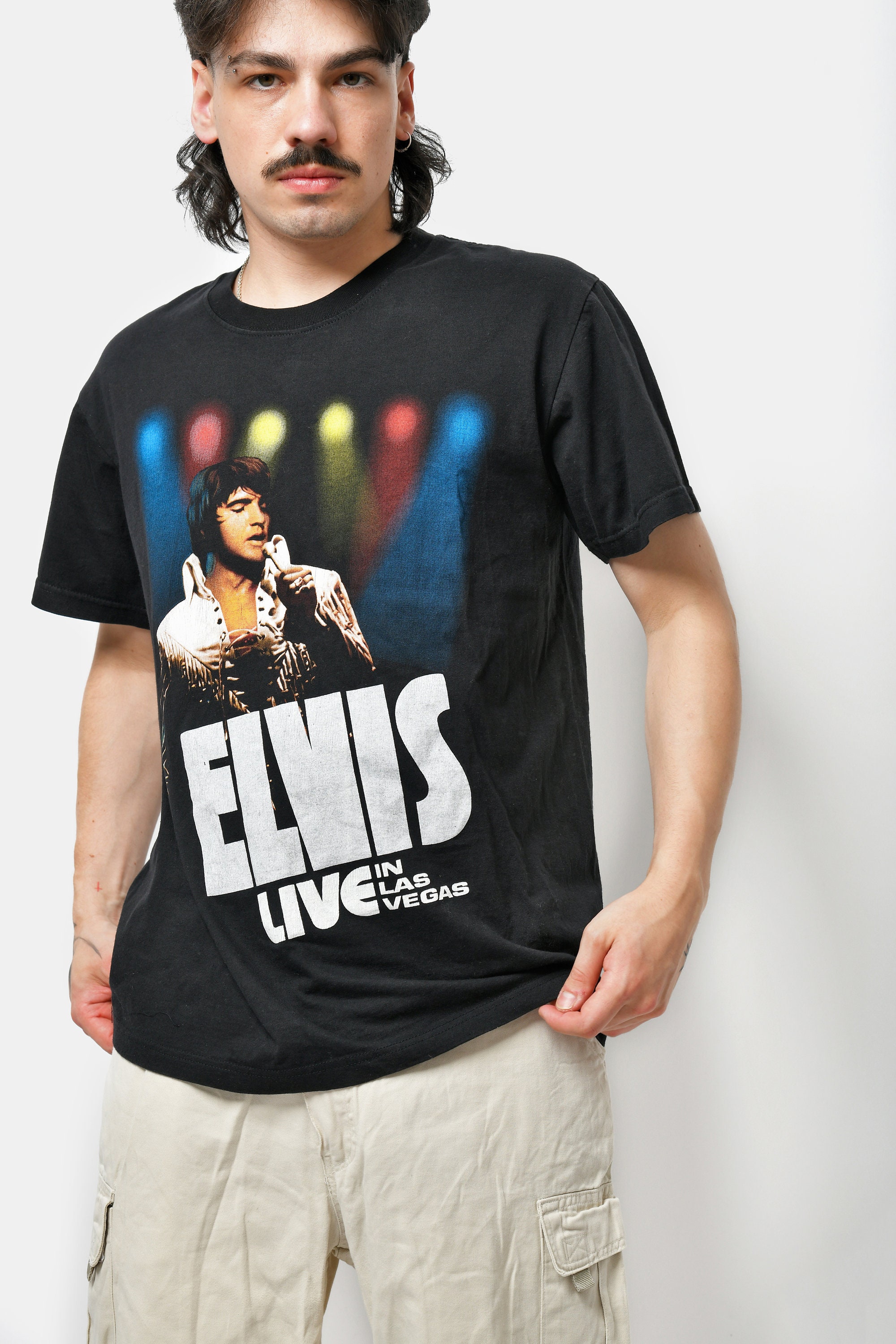 てっぴLAD MUSICIAN ELVIS PRESLEY Tee y2k Elvis Presley Live in Las Vegas T-shirt Mens | Vintage Black