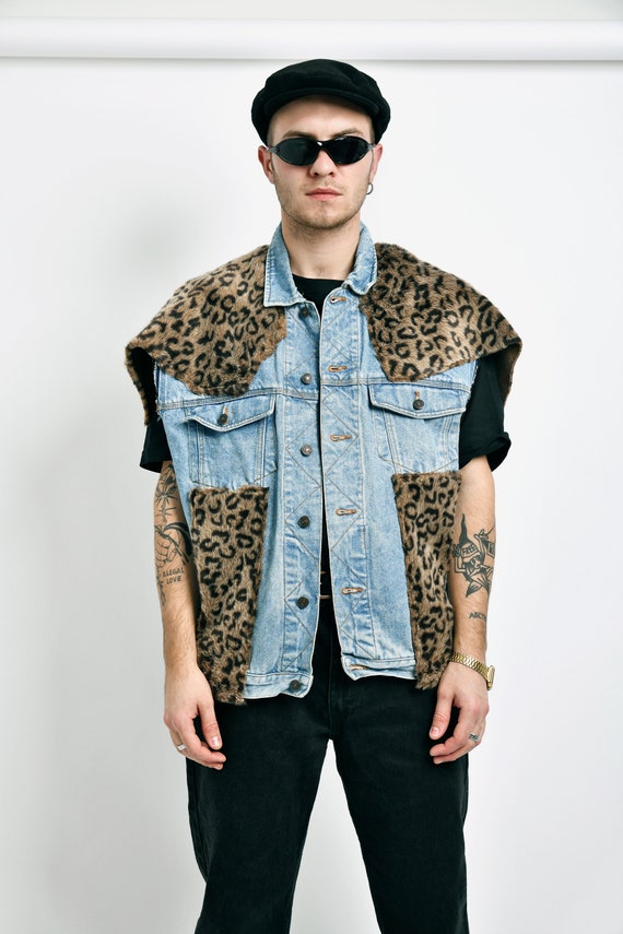 80s vintage denim vest leopard print fur men | Me… - image 2
