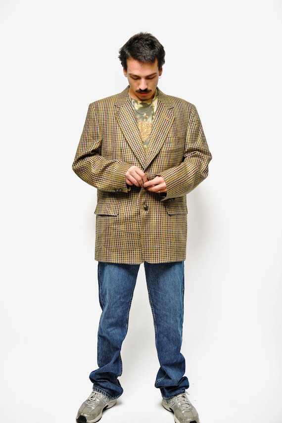 Vintage 80s Blazer Mens Beige Multi Coloured | Preppy Houndstooth