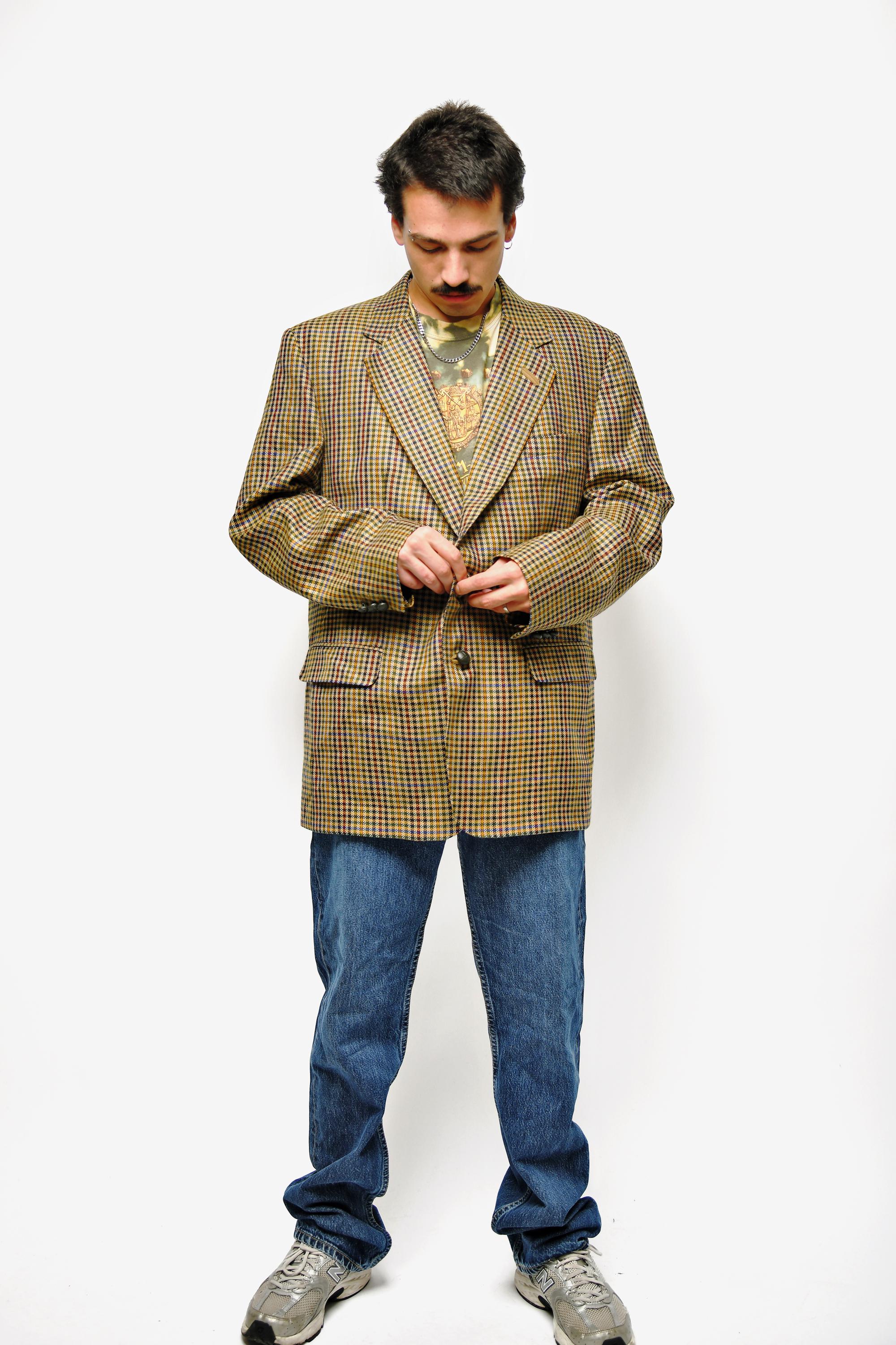 Vintage 80s Blazer Mens Beige Multi Coloured | Preppy Houndstooth