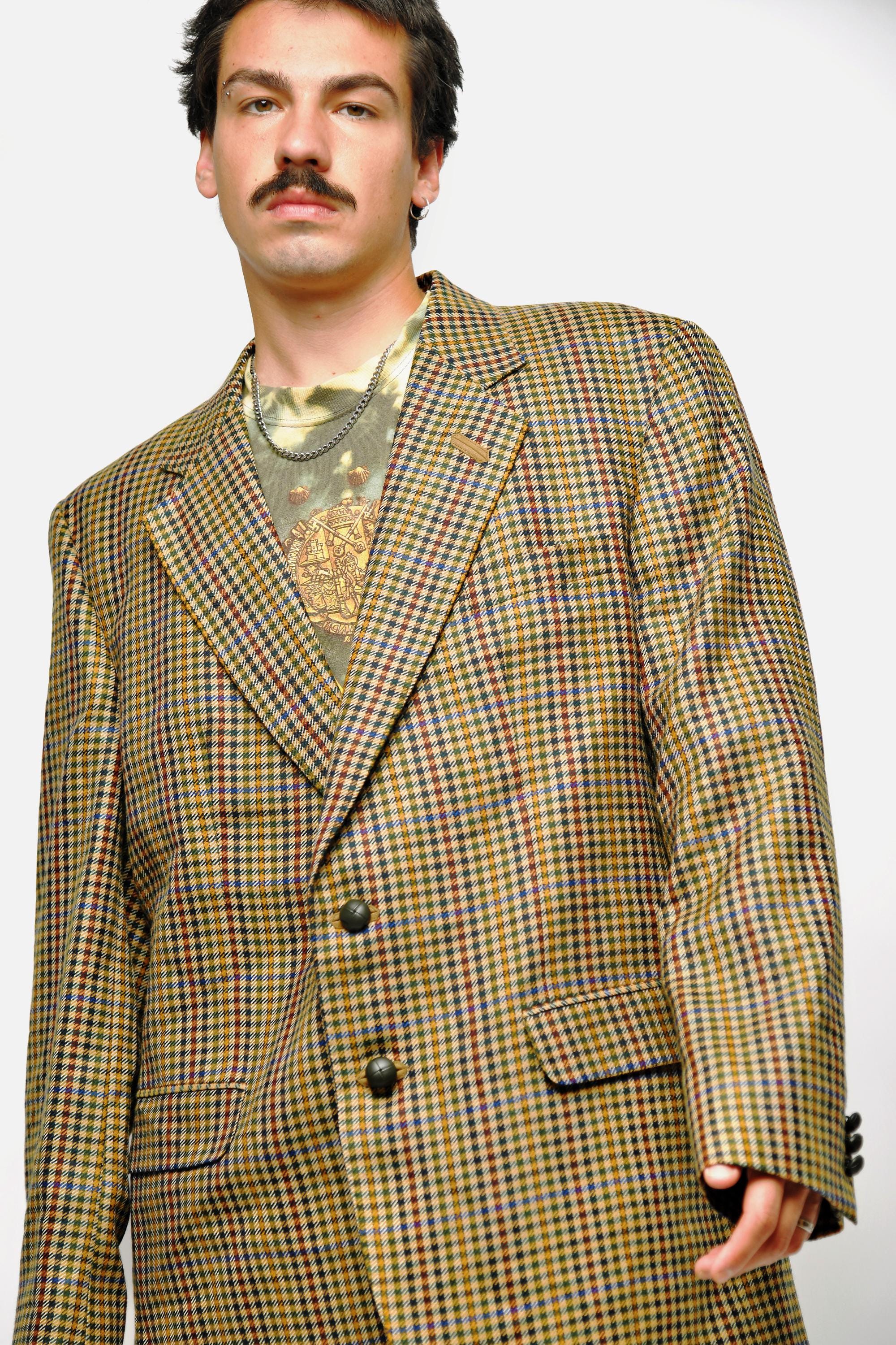 ジャケット・アウター 80s 90s ITALY plaid pattern coat EURO Vintage 80s Blazer Mens Beige Multi Coloured | Preppy Houndstooth