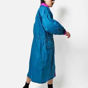 Vintage long lightweight windbreaker coat by Jeantex in blue pink colour 90s 80s retro hooded wind coat Festival rave jacket unisex M/L image 5