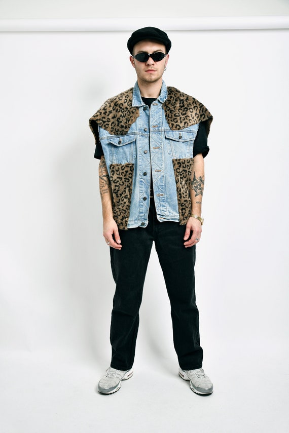 80s vintage denim vest leopard print fur men | Me… - image 1