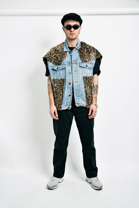 80s vintage denim vest leopard print fur men | Me… - image 1