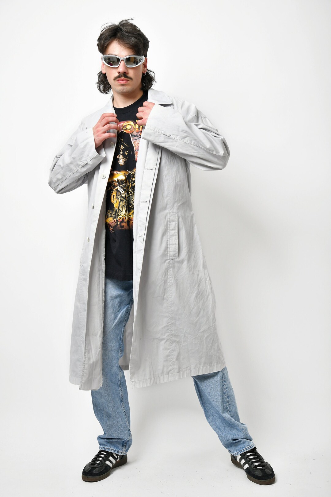 【archive】90's sullen JUN MEN long coat Vintage JUNEX OF SWEDEN OVERCOAT Medium Gray Polyester Blend
