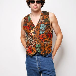 Vintage western mens leather gilet multi coloured brown | Retro cowboy sleeveless jacket vest | Boho hipster waistcoat | Large L size