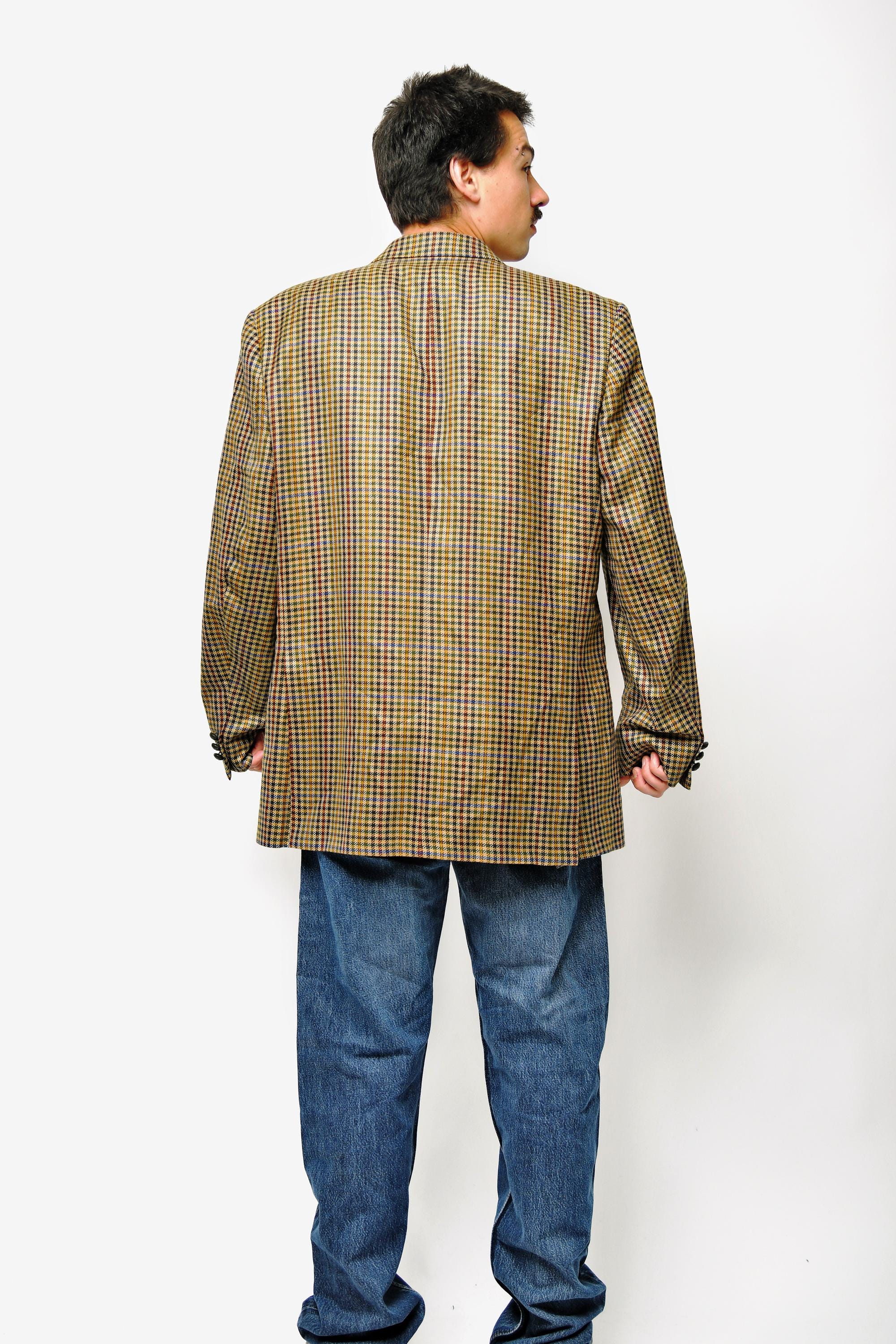 Vintage 80s Blazer Mens Beige Multi Coloured | Preppy Houndstooth