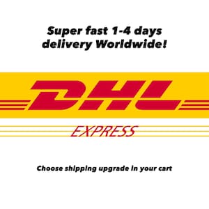 May include: The DHL Express logo in red and yellow, with the text "Super fast 1-4 days delivery Worldwide!" above it. Below the logo is the word "EXPRESS" in red. The text "Choose shipping upgrade in your cart" is at the bottom.